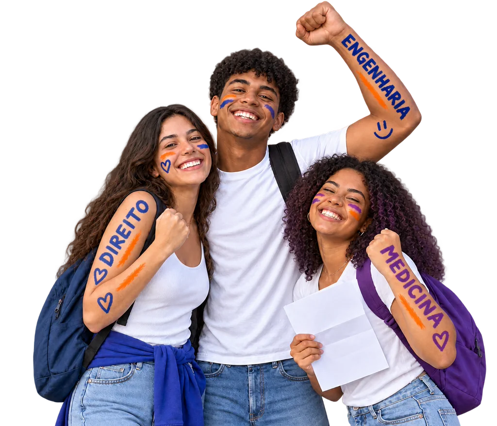 Três estudantes celebrando juntos a aprovação em Direito, Engenharia e Medicina